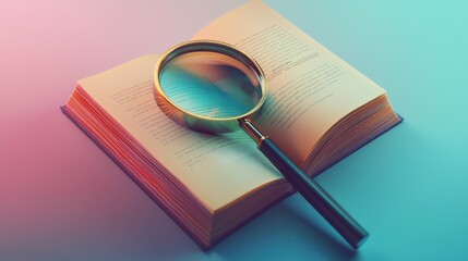 Detailed 3D model of a policy icon with a rule book under a magnifying glass.