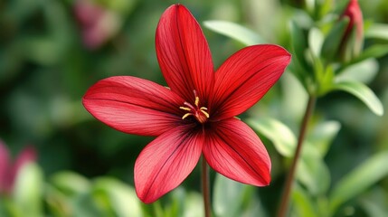 Fototapeta premium Vibrant Red Flower in Lush Green Background