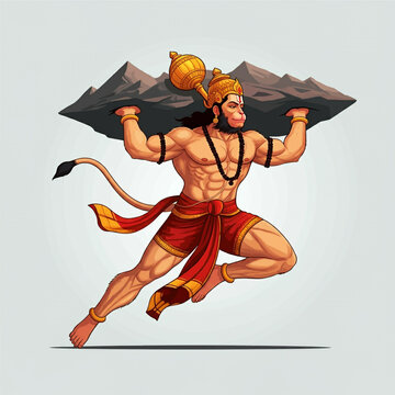 Lord Hanuman carrying the Sanjeevani mountain, symbolizing strength, loyalty, and devotion in Hindu mythology