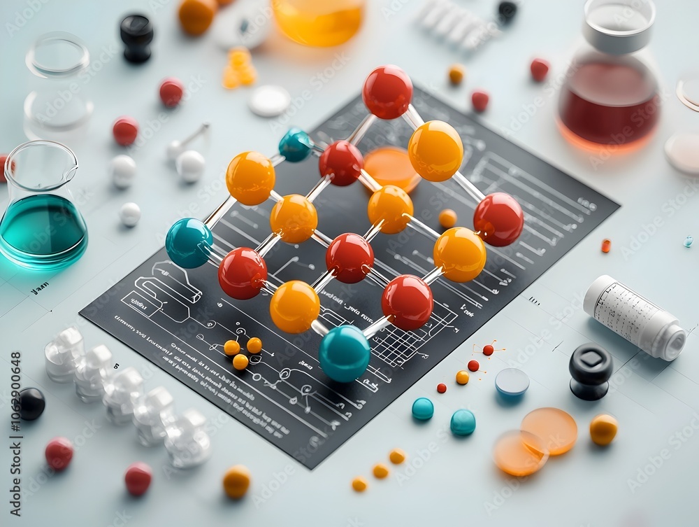 Poster visually captivating molecular diagram featuring a complex shimmering geometry in a bold minimalist 