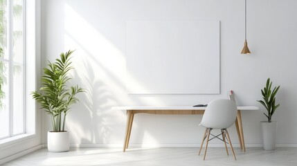 A minimalist empty whiteboard set against a white wall, with a sleek design and bright natural light illuminating the space