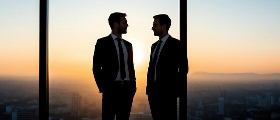 Business professionals negotiating in a highrise office with a city view, corporate deal, highlevel business negotiation