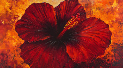 Fototapeta premium A vibrant red hibiscus flower emerges against a warm, textured background, evoking a sense of passion and tropical beauty.