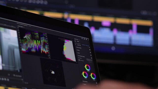 Work in the program for video editing on personal computer or laptop close up. Navigation in a computer program. Cursor movement. Work in the home office.	