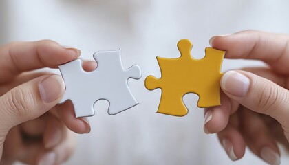 Two hands holding puzzle pieces coming together over a contract, collaboration, negotiation to solve a problem