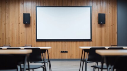 A minimalist empty whiteboard with no markings, set in a modern conference space