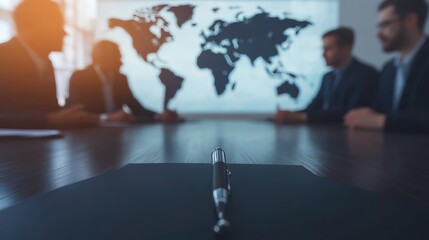 Group of people negotiating around a table with a world map in the background, global negotiation, international business deal
