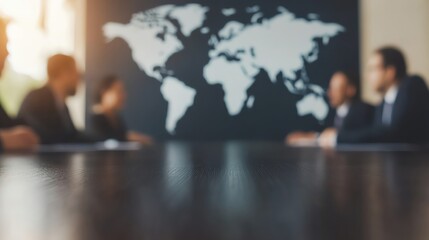 Group of people negotiating around a table with a world map in the background, global negotiation, international business deal