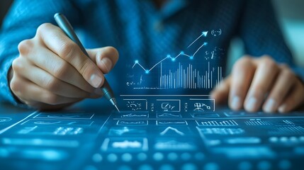Fototapeta premium Businessman drawing a growth graph on a virtual, Hologram business graph grow