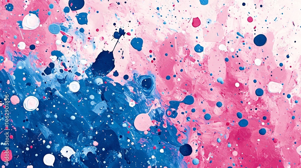 Poster a vibrant abstract splash of pink and blue paint, featuring scattered circles and splatters that cre