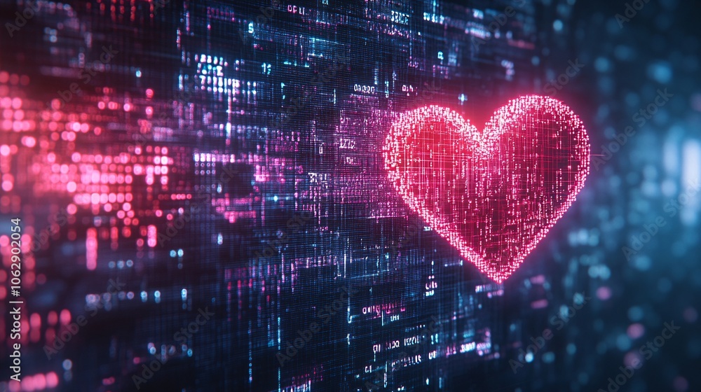 Poster a glowing digital heart symbol surrounded by a matrix of colorful data, representing love in a techn