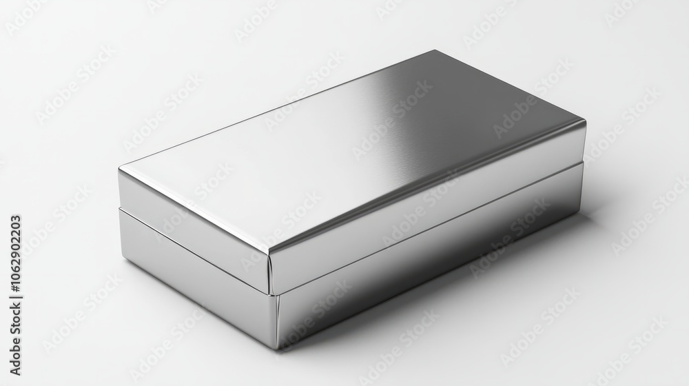 Poster a minimalist, rectangular metallic silver box with sharp edges, placed on a white background