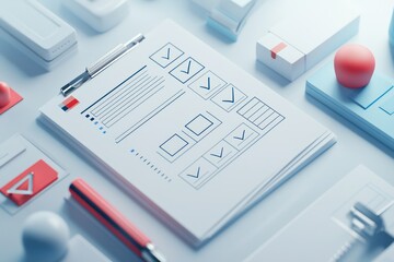 High-resolution 3D model of a document with checkboxes and marked priorities.