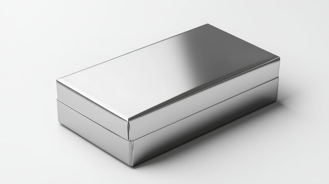A minimalist, rectangular metallic silver box with sharp edges, placed on a white background