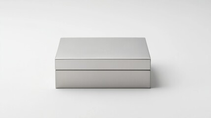 Fototapeta premium A minimalist, rectangular metallic silver box with sharp edges, placed on a white background