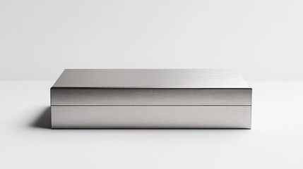 Obraz premium A minimalist, rectangular metallic silver box with sharp edges, placed on a white background