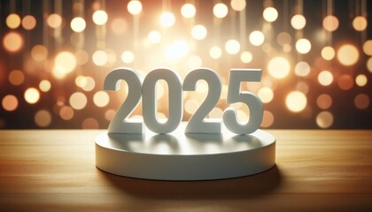 White 2025 numbers on round podium with bokeh lights in background. New Year celebration concept