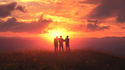 International friends watching a sunset from a hilltop, arms around each other, appreciating nature and friendship.