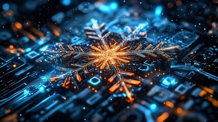 A stunning digital illustration featuring an intricate snowflake with glowing edges, surrounded by circuitry and vibrant colors, evoking a sense of technology and winter.