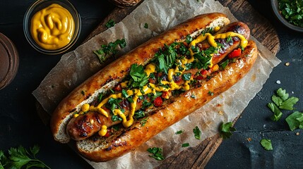 A delicious gourmet hot dog topped with mustard, fresh herbs, and diced vegetables, served on wooden board.