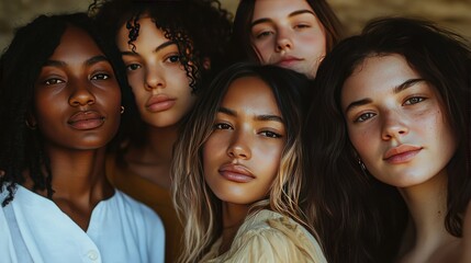 Obraz premium Portrait of multi-racial women standing together, their expressions confident and proud, celebrating sisterhood.