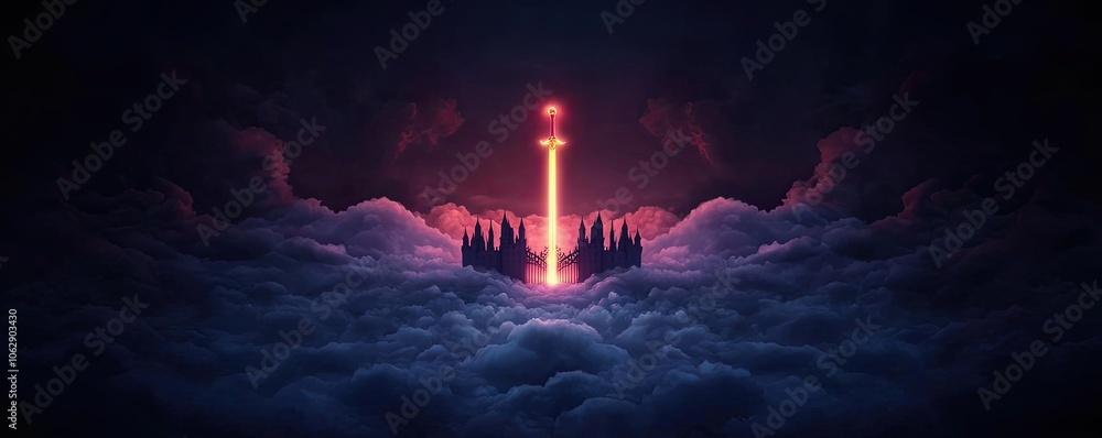 Aufkleber mystical sword piercing through clouds under a glowing atmosphere.