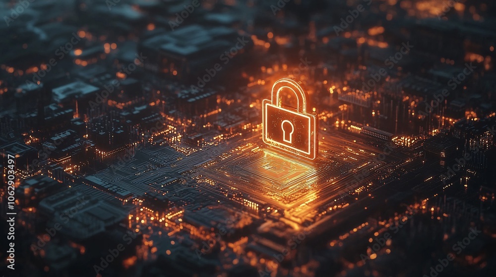 Aufkleber a digital cityscape features a glowing lock symbol, symbolizing security and data protection amidst 