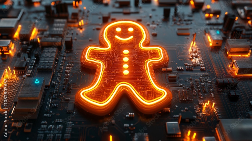 Poster a glowing gingerbread man shape illuminated on a dark circuit board, combining elements of technolog