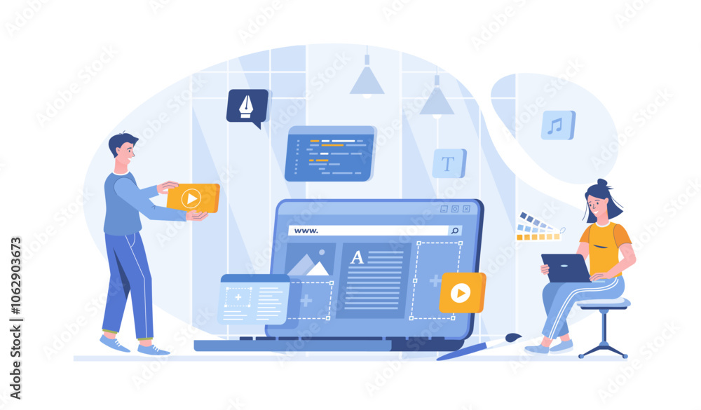 Poster design studio concept. designers create content for the website, graphic elements, choose colors and