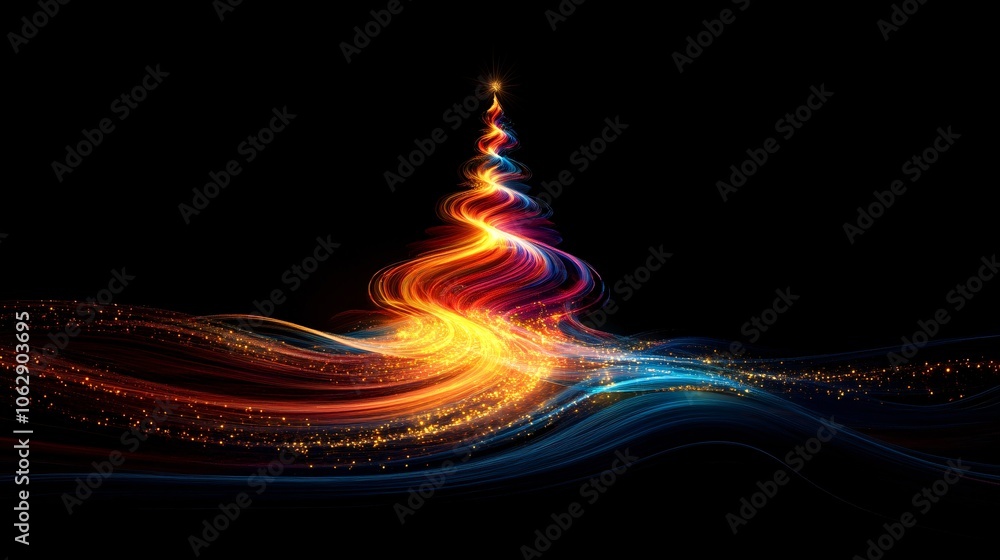 Poster a vibrant swirl of light and color flows upward against a dark background, creating a mesmerizing vi