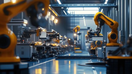 A brightly lit factory showcasing robotic technology at work