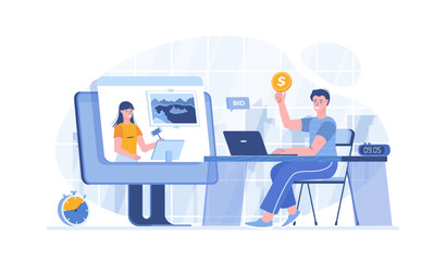 Online Auction. Customer bidding in online auction, auctioneer sells art painting. Vector illustration with characters in flat design for web banner.	
