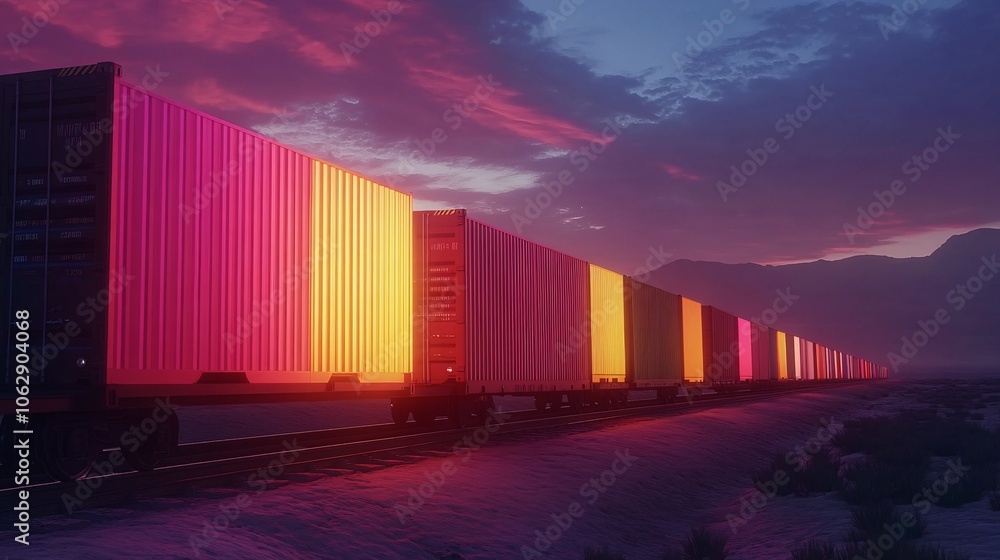 Poster a vibrant sunset casts colorful light on a series of containers, creating a striking visual along a 