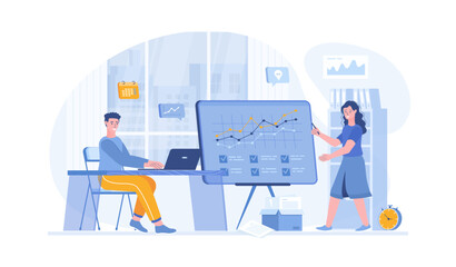 Brainstorming team working on projects, creating a new product. Colleagues discussion communication. Vector illustration with characters in flat design for web banner.	
