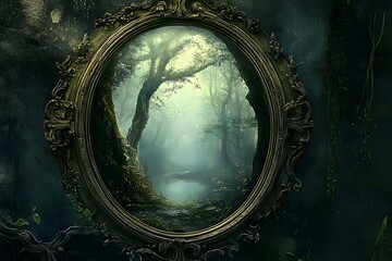 Enchanted Mirror Reflecting Ancient Mystical Landscape