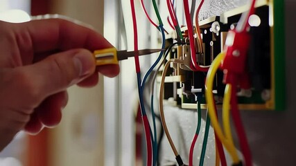 A close-up of a hand using a screwdriver to work on a panel with colorful wires, indicating electrical maintenance or installation.