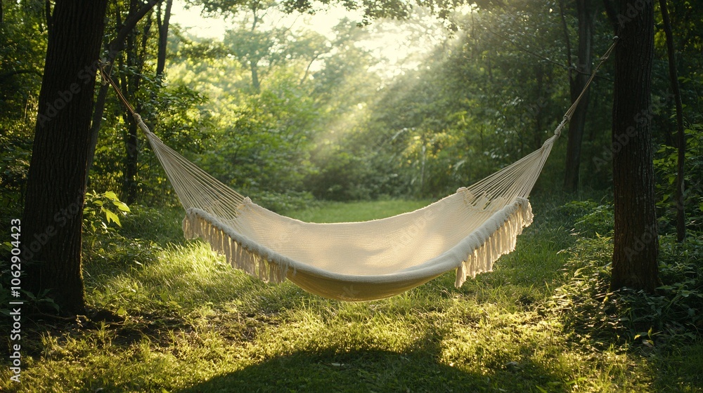 Poster a serene hammock hangs between trees in a sunlit forest, surrounded by lush greenery and dappled lig