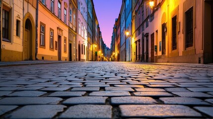 Cobblestone street in a historic city at dusk with warm street lights illuminating the scene.