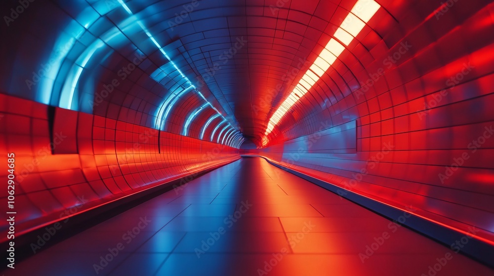 Poster a vibrant tunnel illuminated with blue and red lights, creating a futuristic and dynamic atmosphere 