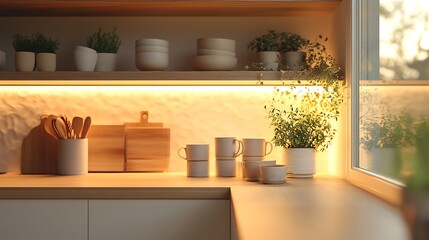 Elegant kitchen corner with floating shelves and ambient warm lighting, displaying perfectly matching mugs and plates in neutral tones, creating a cozy, harmonious aesthetic. --ar 16:9