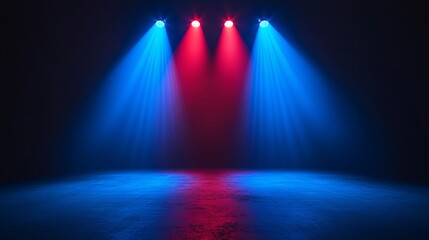 Colorful stage lights shine in blue and red, creating a dramatic ambiance on a dark background, perfect for performances and events.