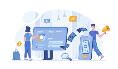 Promotion strategy. Financial profit growth, income analysis, market and business statistics. Vector illustration with characters in flat design for web banner.	
