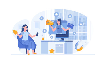 Video marketing. Advertising campaign using viral promo videos, attracting people from social media. Vector illustration with characters in flat design for web banner.	
