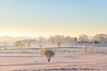 Countryside view a cold winter day with frost and snow