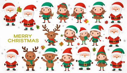Cheerful Christmas characters including Santa and reindeer with festive decorations