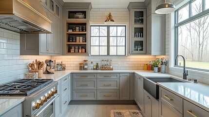 Elegant kitchen corner with pendant lighting highlighting an organized spice rack, brass utensil hooks, a few small decorative elements, and a clean countertop, © ThuyTrang