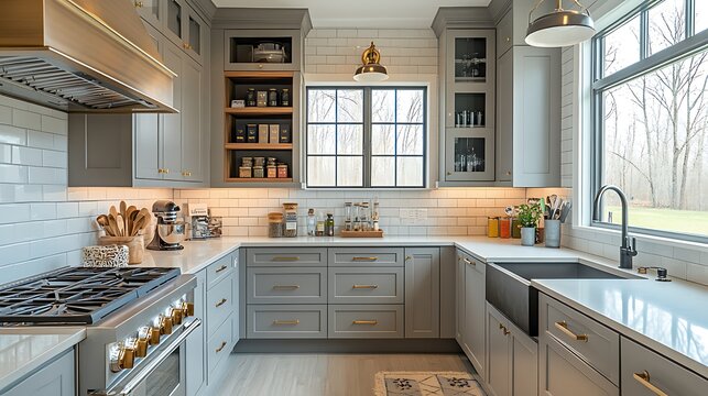 Elegant kitchen corner with pendant lighting highlighting an organized spice rack, brass utensil hooks, a few small decorative elements, and a clean countertop,
