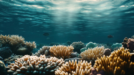 Obraz premium Underwater scene featuring a vibrant coral reef with sunlight filtering through the ocean water, showcasing diverse coral formations and a few fish swimming in the background.