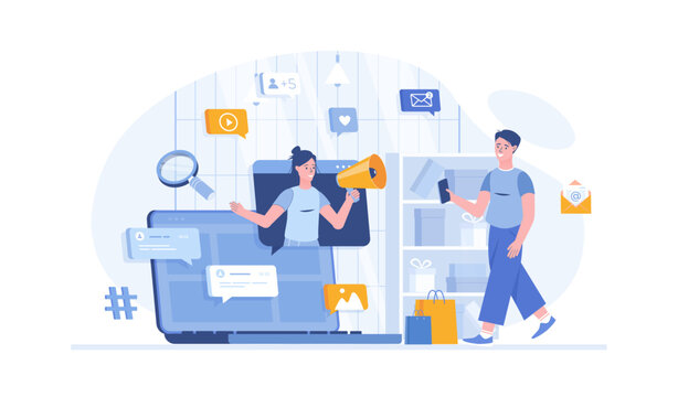 Social media news, Email marketing, Online advertising. Promotion strategy. Vector illustration with characters in flat design for web banner.	
