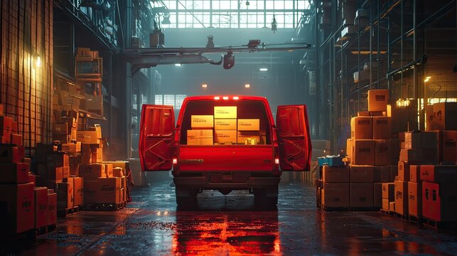 Delivery truck loading goods in a dimly lit warehouse with boxes.